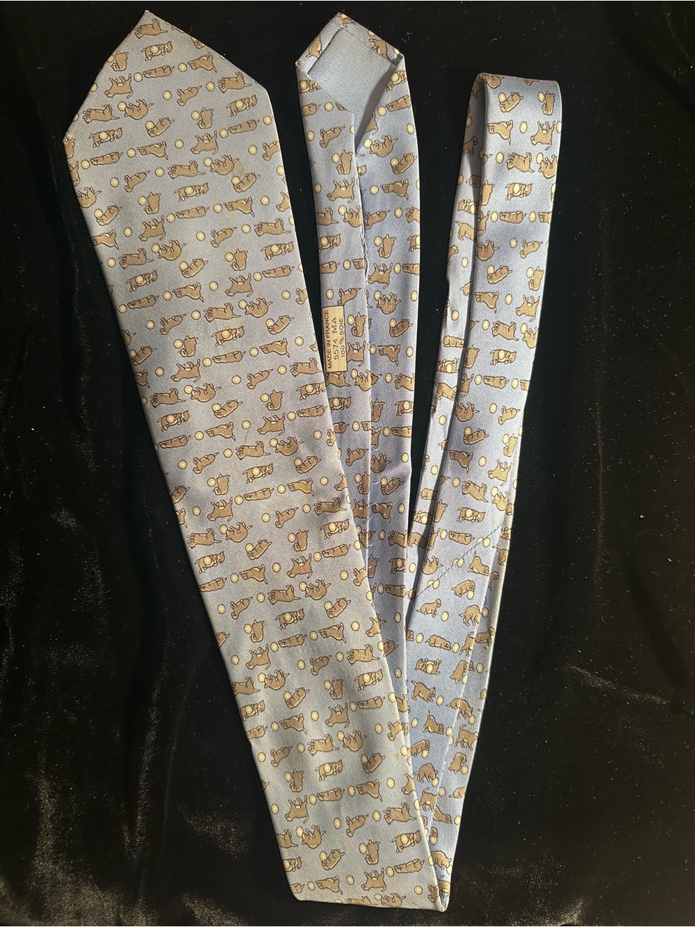 Hermes Light Blue Silk Tie with Gold Novelty Motif